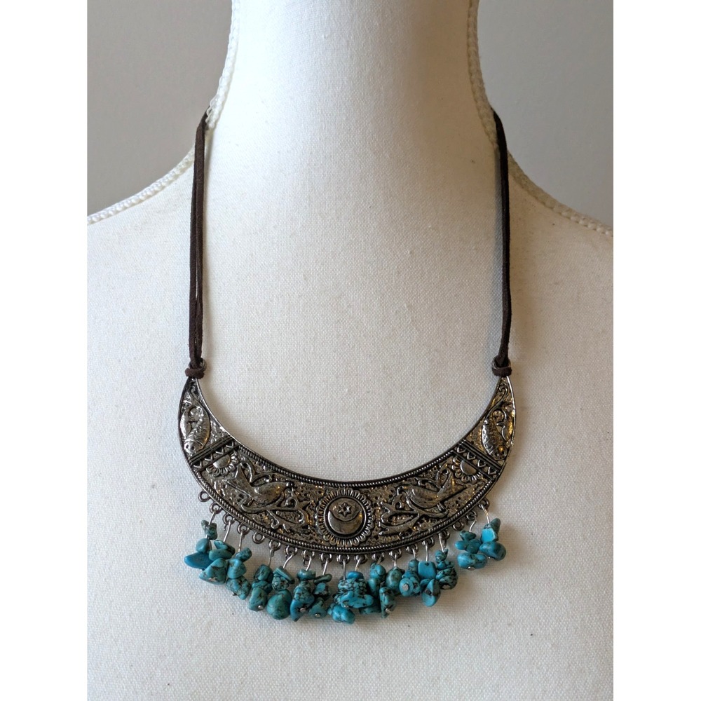 Tribal Crescent Bib Necklace In Silver Tone With Faux Turquoise Chip Dangle Bead